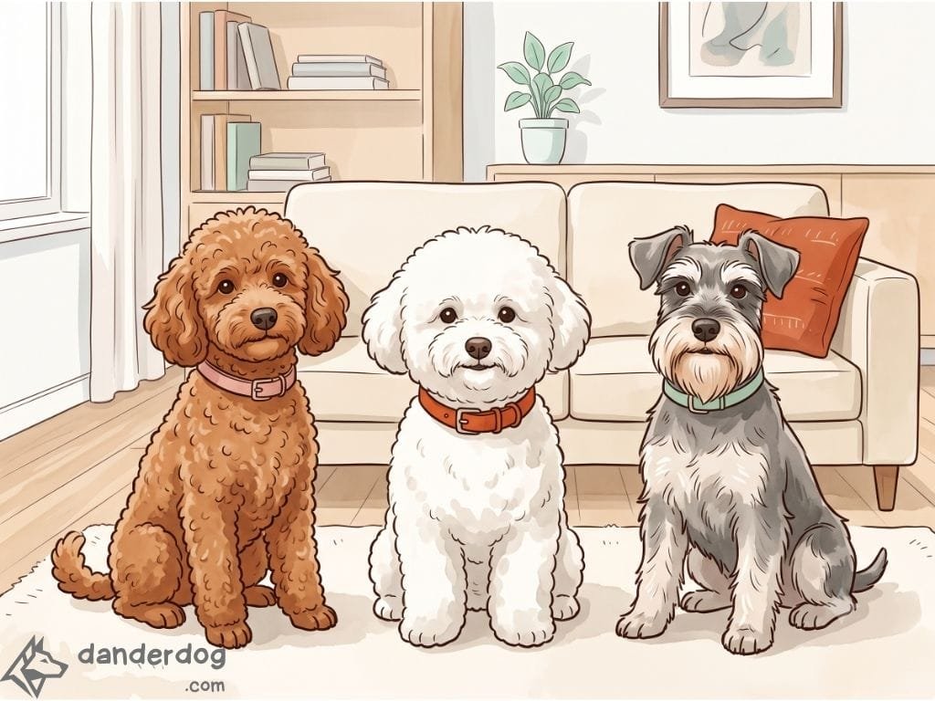 Illustration of a poodle, bichon, and schnauzer sitting in a row