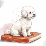 A small white curly-coated Bichon Frise sitting calmly on a cushion with a few flakes of dander lifting from its coat