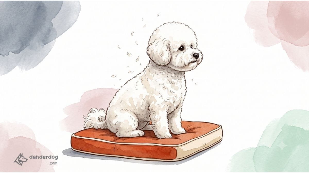 A small white curly-coated Bichon Frise sitting calmly on a cushion with a few flakes of dander lifting from its coat