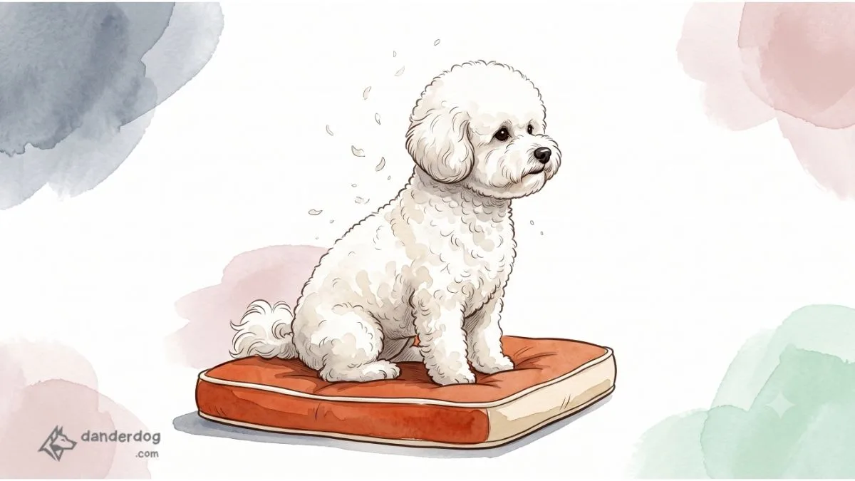 A small white curly-coated Bichon Frise sitting calmly on a cushion with a few flakes of dander lifting from its coat