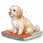 A small silky-coated Havanese sitting calmly on a cushion with a few flakes of dander lifting from its coat