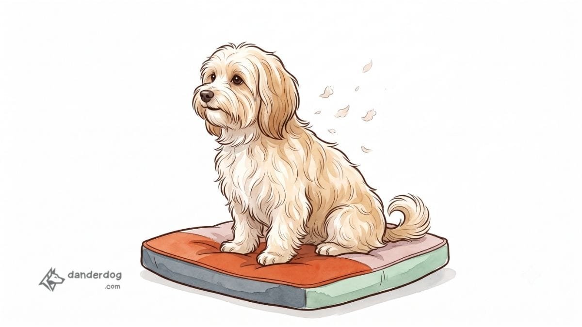 A small silky-coated Havanese sitting calmly on a cushion with a few flakes of dander lifting from its coat