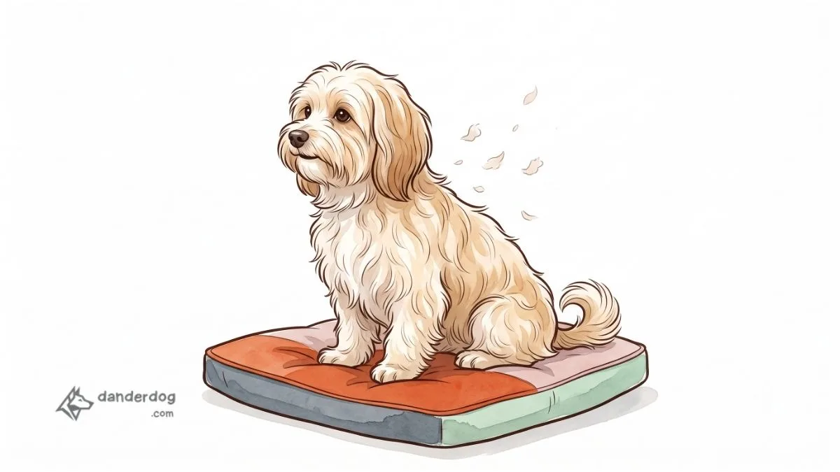 A small silky-coated Havanese sitting calmly on a cushion with a few flakes of dander lifting from its coat