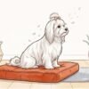 A small white silky-coated Maltese sitting calmly on a cushion with a few flakes of dander lifting from its coat