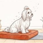 A small white silky-coated Maltese sitting calmly on a cushion with a few flakes of dander lifting from its coat