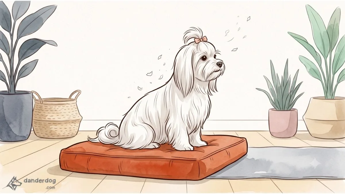 A small white silky-coated Maltese sitting calmly on a cushion with a few flakes of dander lifting from its coat