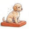 A small curly-coated apricot Maltipoo sitting calmly on a cushion, with a few flakes of dander lifting from its coat