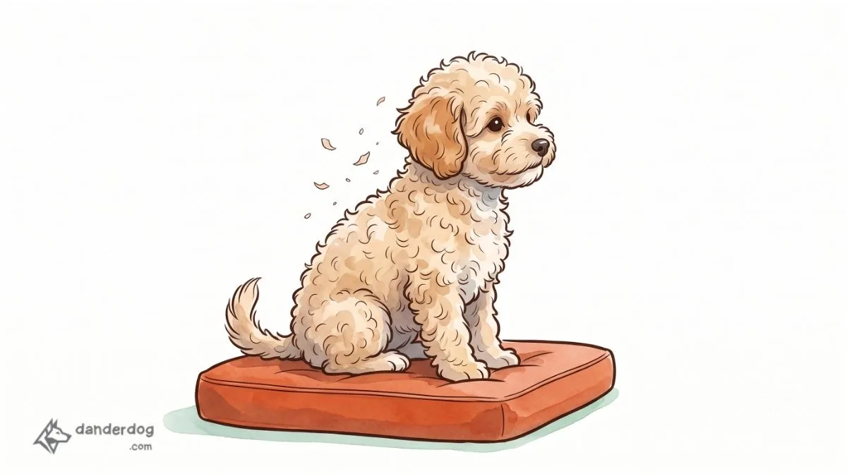 A small curly-coated apricot Maltipoo sitting calmly on a cushion, with a few flakes of dander lifting from its coat