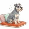 A small wiry-coated Miniature Schnauzer with a beard sitting calmly on a cushion with a few flakes of dander lifting from its coat