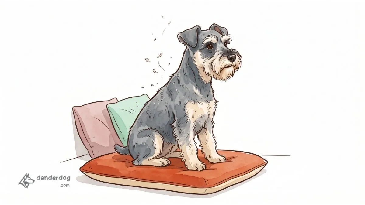 A small wiry-coated Miniature Schnauzer with a beard sitting calmly on a cushion with a few flakes of dander lifting from its coat