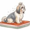 A small long-coated Shih Tzu sitting calmly on a cushion with a few flakes of dander lifting from its coat
