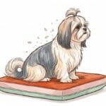 A small long-coated Shih Tzu sitting calmly on a cushion with a few flakes of dander lifting from its coat