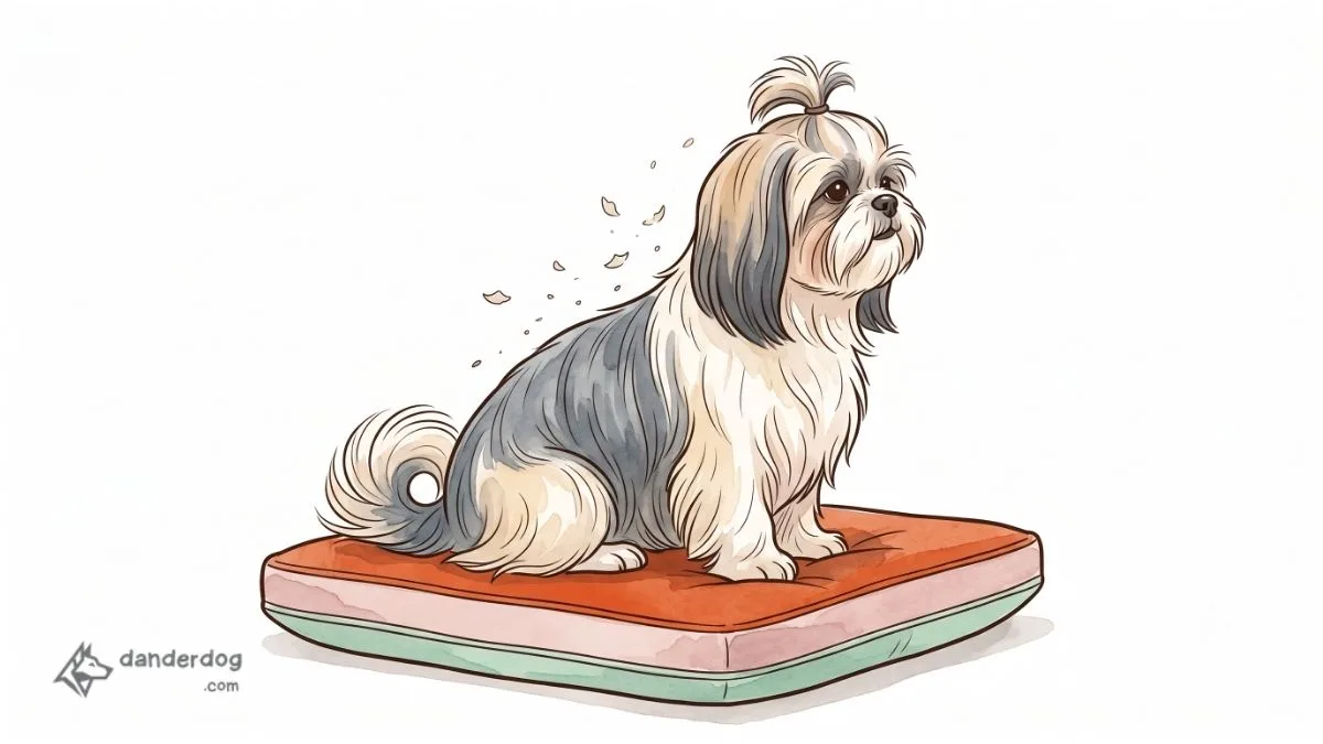 A small long-coated Shih Tzu sitting calmly on a cushion with a few flakes of dander lifting from its coat