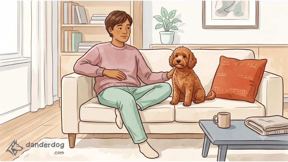 A small curly-coated dog sitting calmly beside a person on a sofa in a bright living room