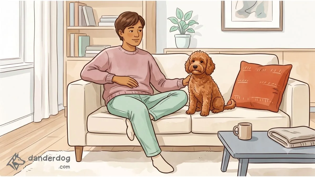 A small curly-coated dog sitting calmly beside a person on a sofa in a bright living room