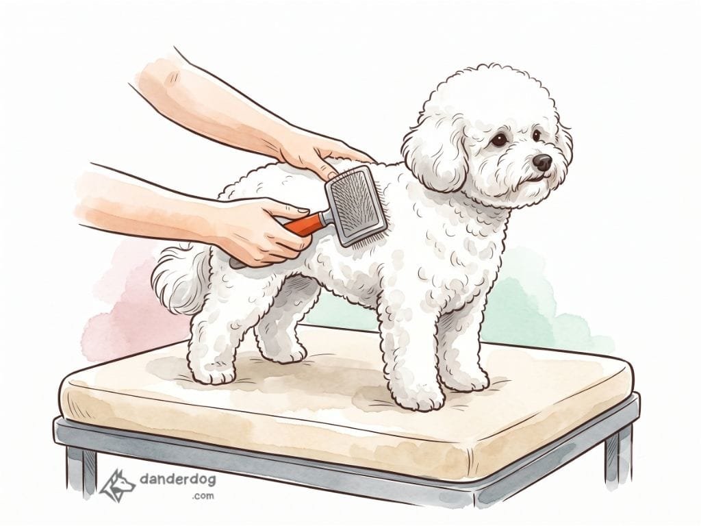 A person gently brushing a white Bichon Frise to keep its curly coat open and free of mats