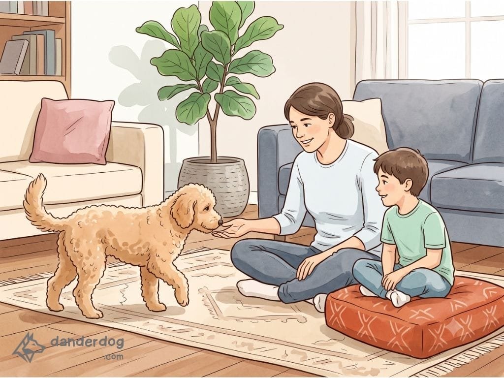 A family sitting on the floor calmly meeting a curly-coated dog before adopting