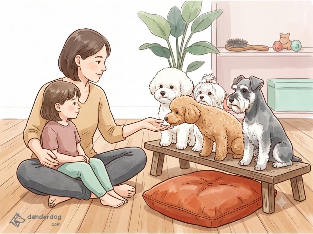 A parent and child sitting on the floor calmly meeting a small curly-coated dog before bringing it home