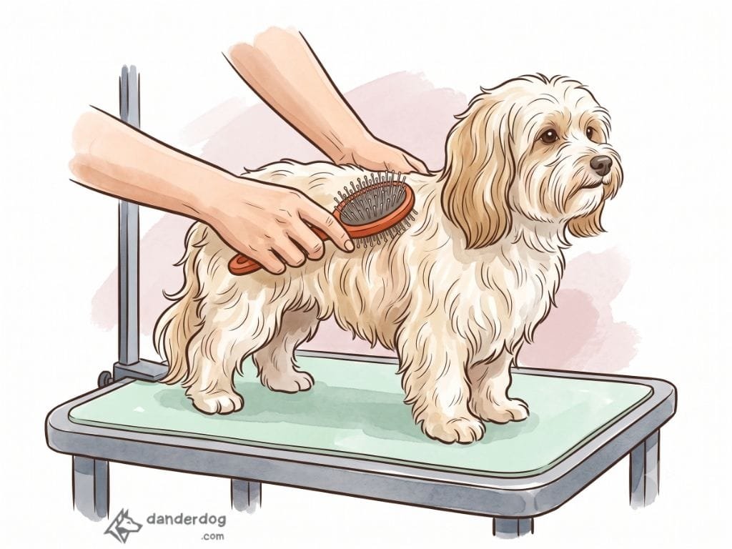 A person gently brushing a Havanese to keep its soft coat free of mats
