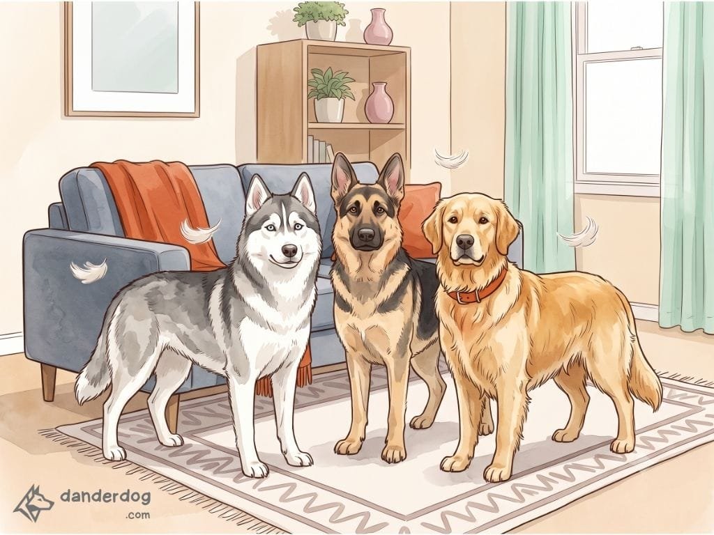 Illustration of a husky, German shepherd, and golden retriever standing together