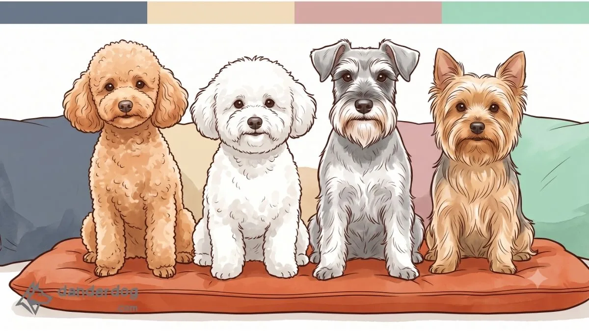 A calm row of curly and wiry coated dogs sitting together, poodle, bichon, and schnauzer types