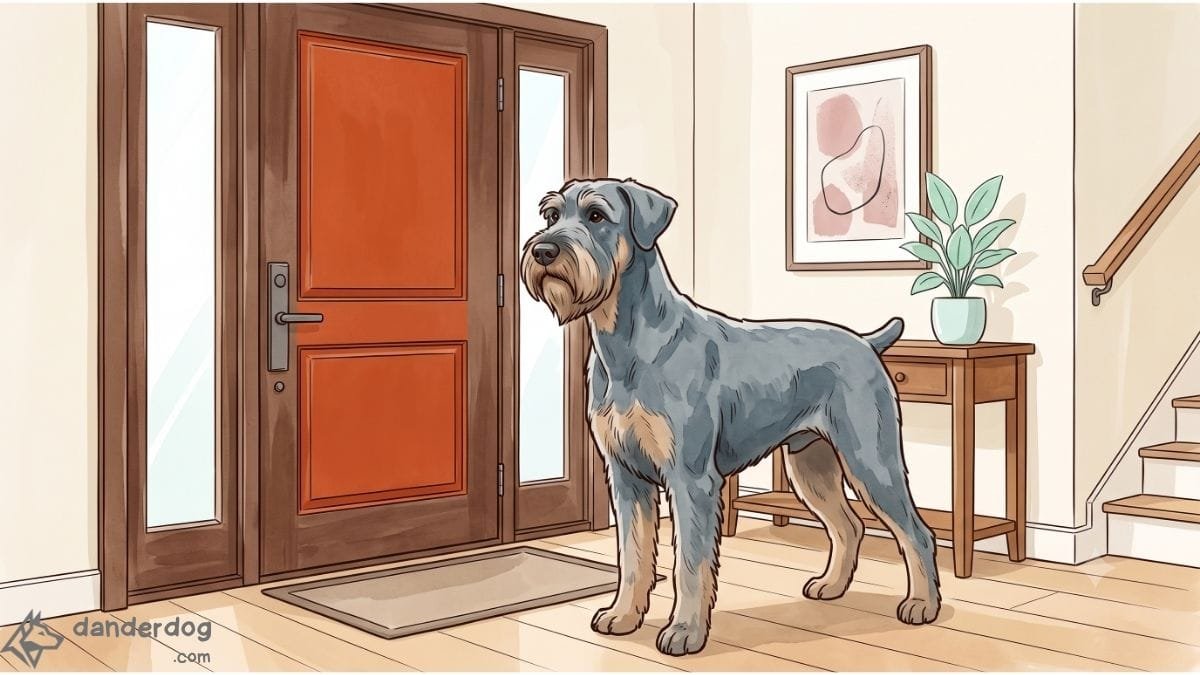 An alert bearded schnauzer-type dog standing watch by a front door
