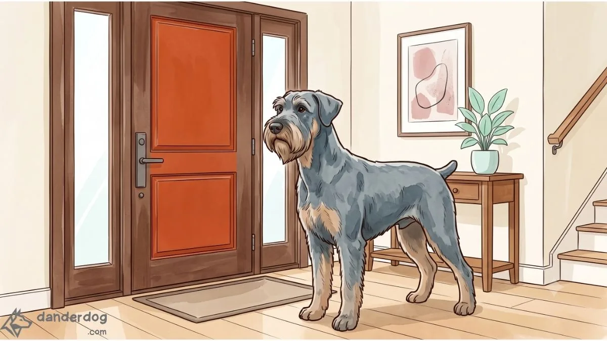 An alert bearded schnauzer-type dog standing watch by a front door