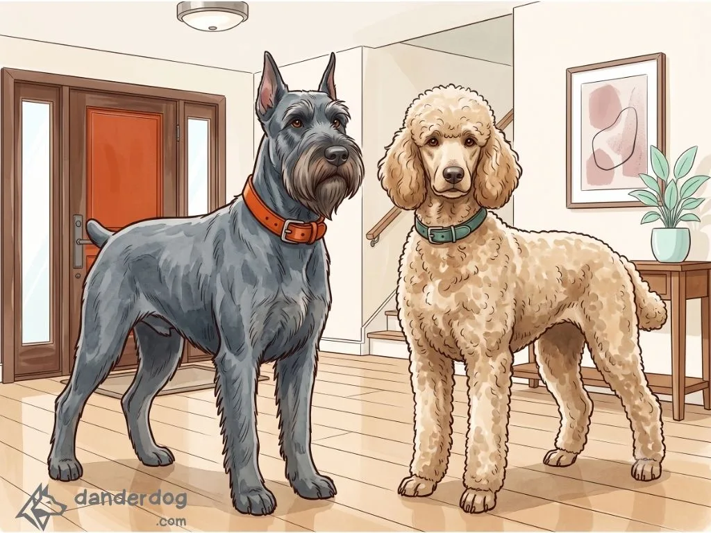 Illustration of a giant schnauzer and a standard poodle standing alert side by side