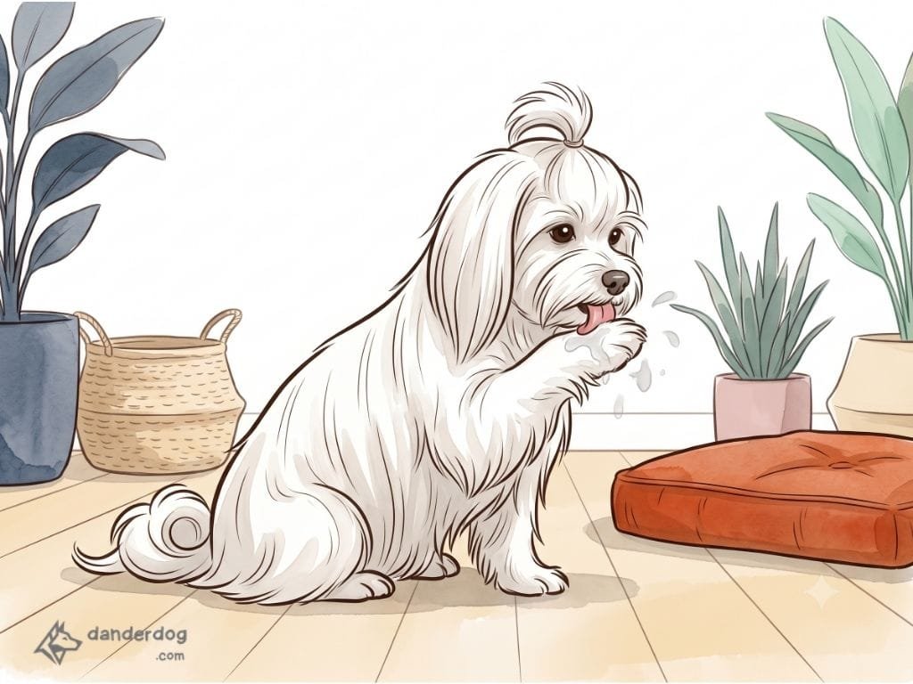 Illustration of a Maltese licking its paw, showing saliva spreading onto its silky coat