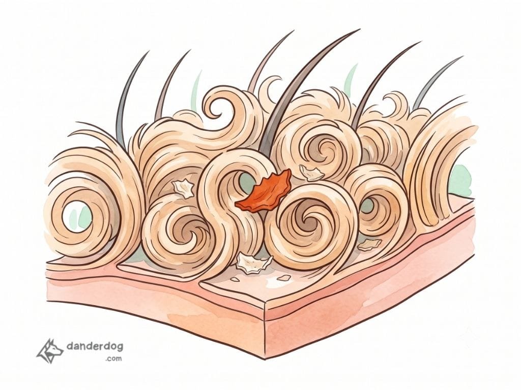 Close illustration of a curly Maltipoo coat with dander flakes trapped between the curls near the skin