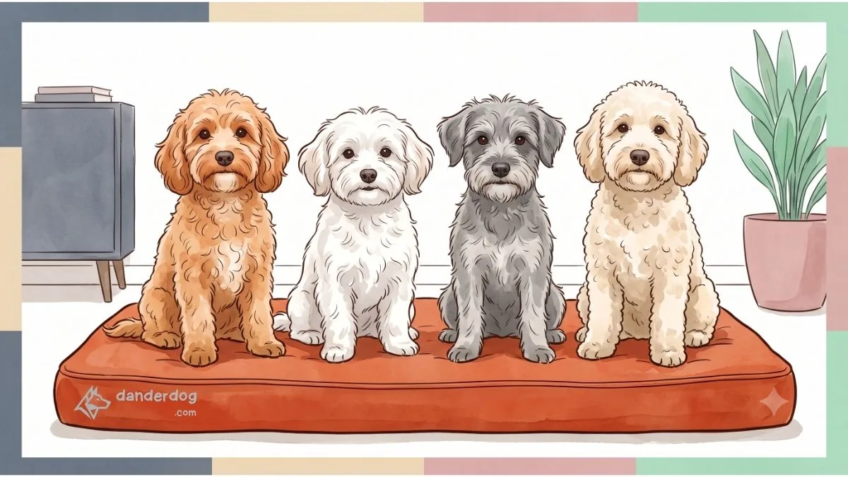 A row of small fluffy mixed-breed dogs sitting together, a cockapoo, a maltipoo, and a schnoodle type