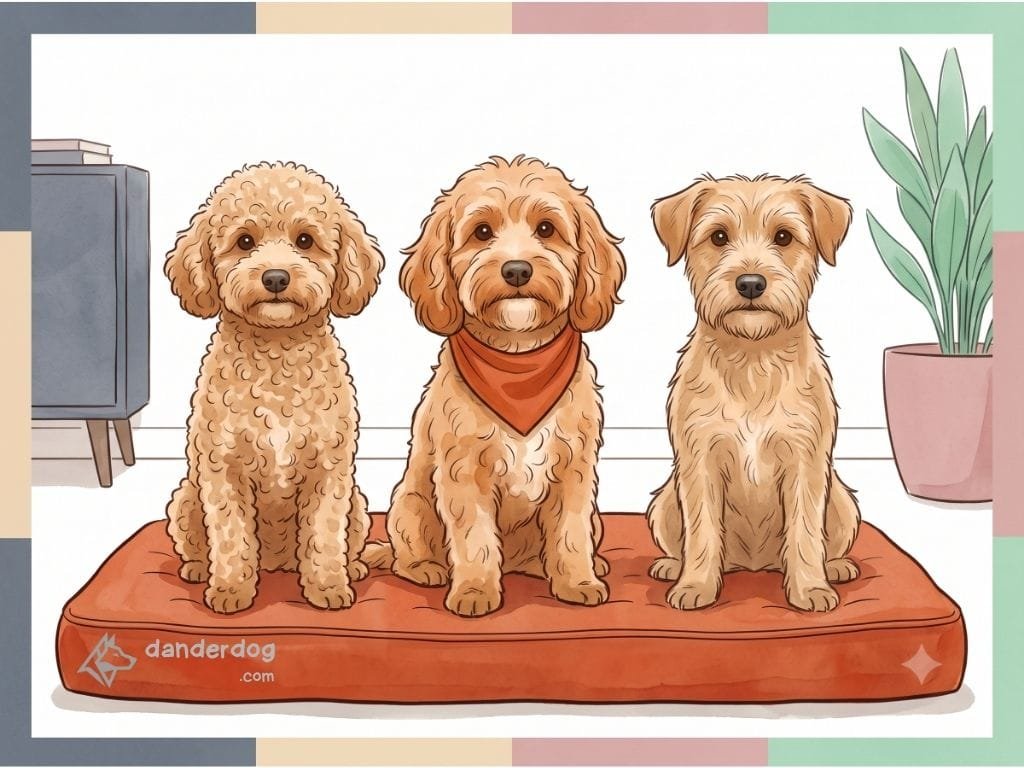 Three small dogs of the same cross shown with a curly coat, a wavy coat, and a straighter coat