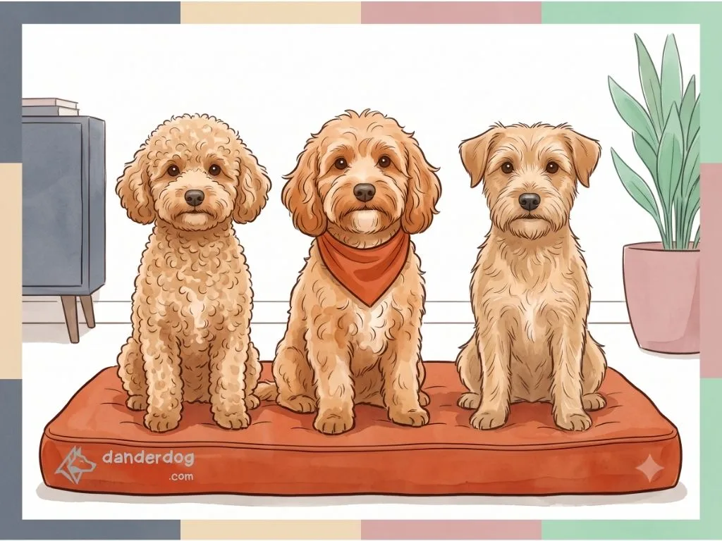 Three small dogs of the same cross shown with a curly coat, a wavy coat, and a straighter coat