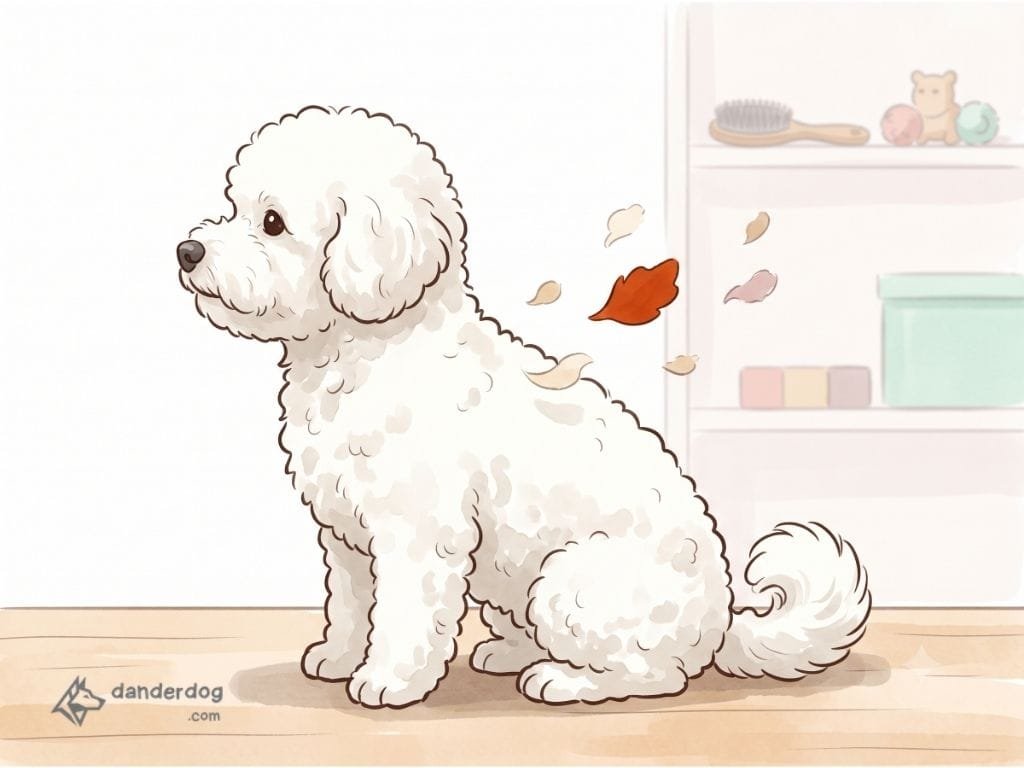 Illustration of a small fluffy dog with a few flakes lifting from its coat, showing that small size does not mean low dander