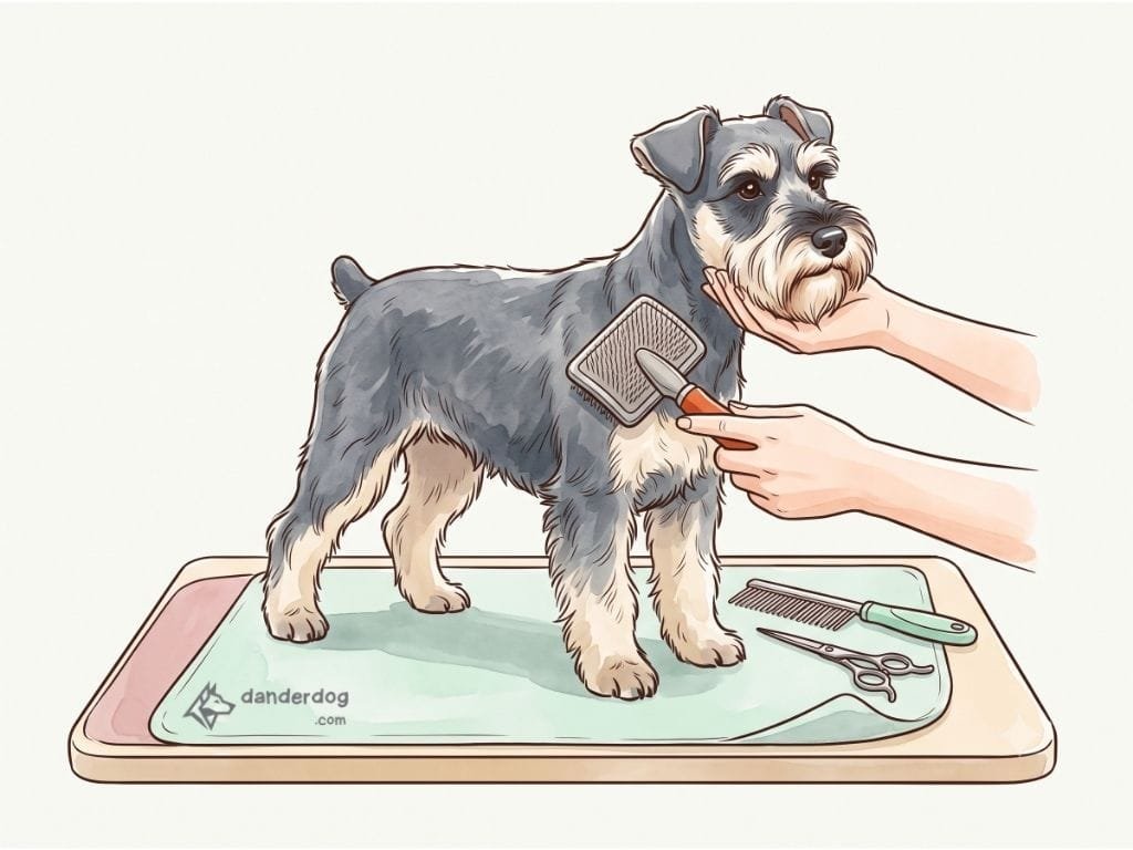 A person wiping a Miniature Schnauzer's beard with a damp cloth to remove saliva and food
