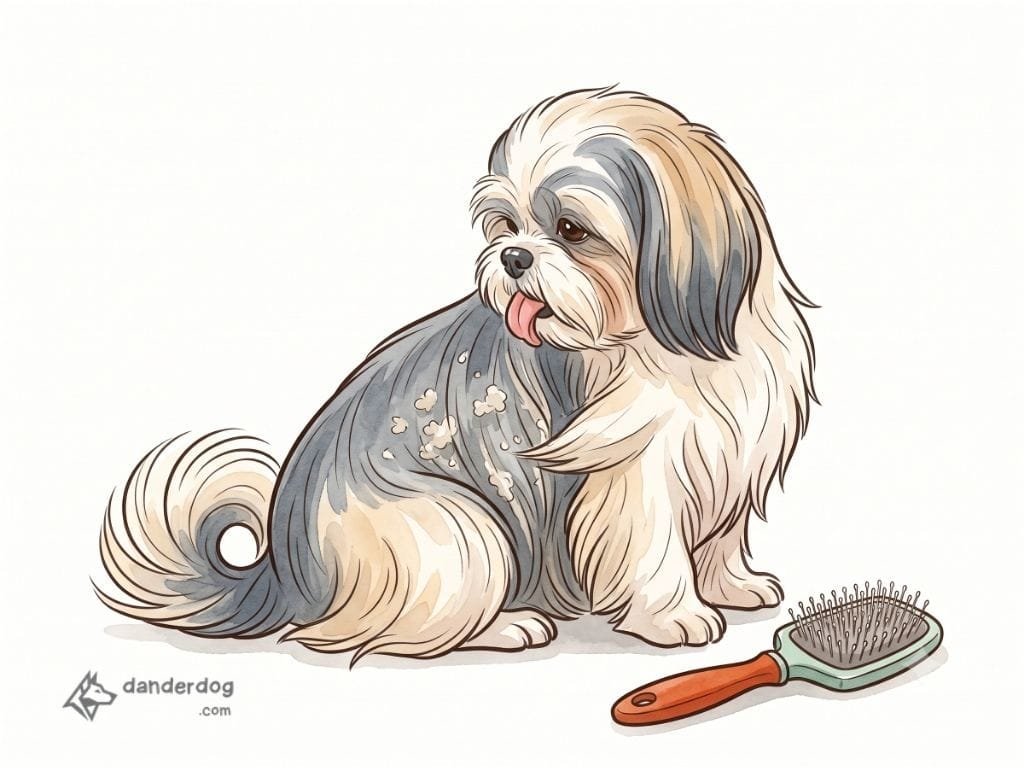 Illustration of a Shih Tzu grooming its long coat, showing dried saliva and dander held in the hair