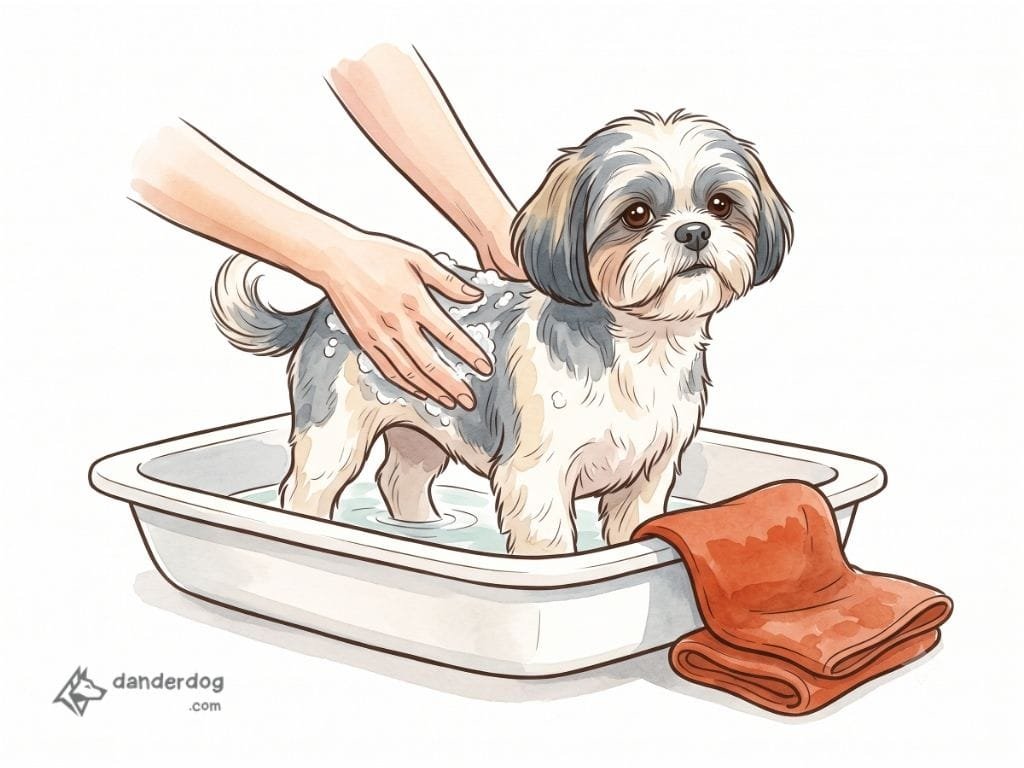 A Shih Tzu in a short puppy cut being gently bathed in a sink to wash dander from its coat