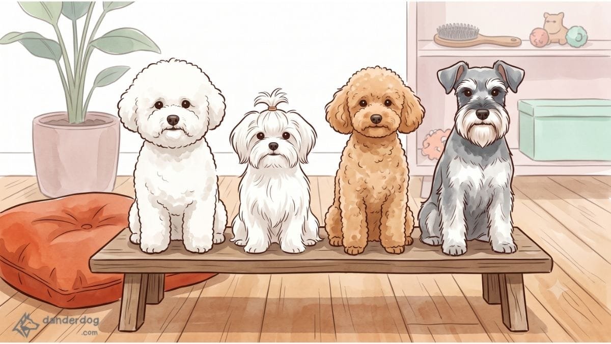 A calm row of small low-shedding dogs sitting together, a white bichon, a silky white maltese, and an apricot toy poodle