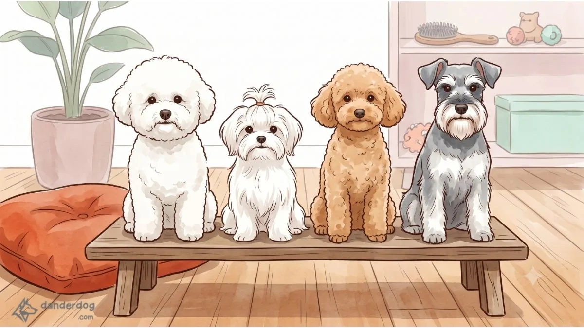 A calm row of small low-shedding dogs sitting together, a white bichon, a silky white maltese, and an apricot toy poodle
