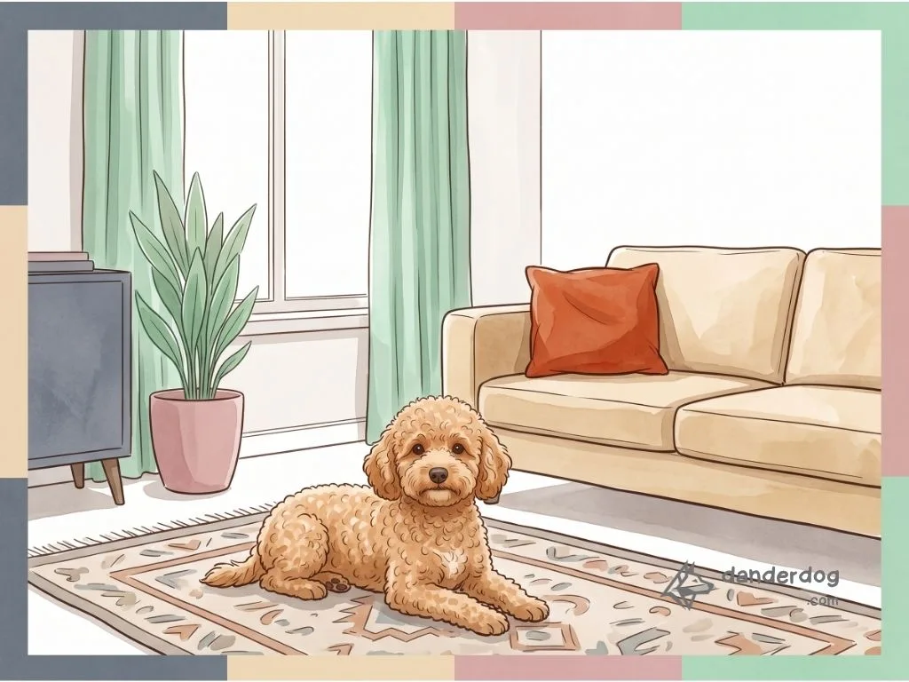 A small curly mixed-breed dog resting on a rug in a tidy apartment living room