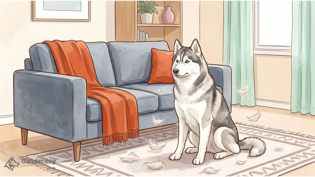 A fluffy double-coated dog shedding tufts of fur near a sofa in a living room