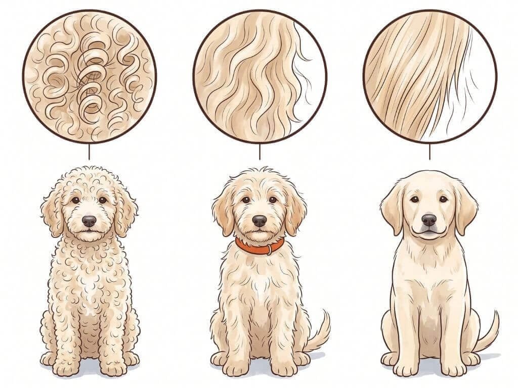 Three doodle puppies from one litter with curly, wavy and flat coats, each with a magnified view of its coat structure