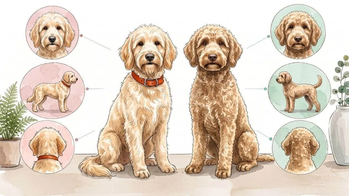 Two goldendoodles side by side, one with a loosely wavy coat and one with a tight curly coat