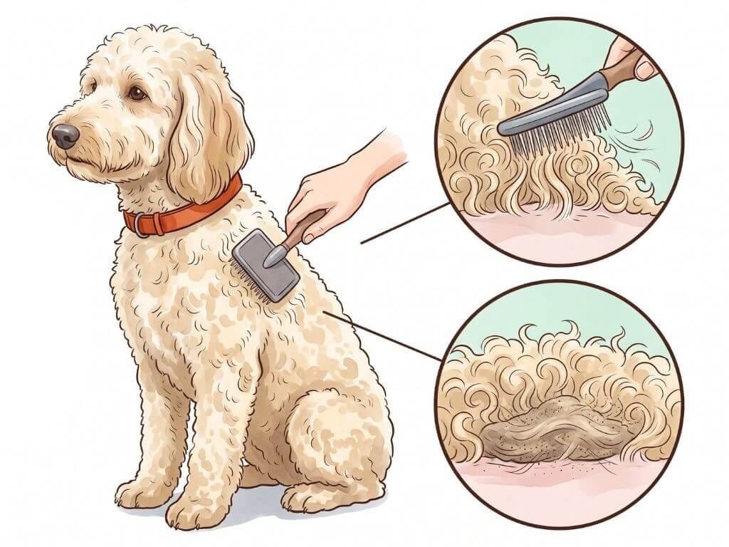 A curly-coated goldendoodle being brushed, with magnified views showing a brush reaching the skin and a mat trapping loose hair against the skin