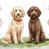 A wavy-coated cream goldendoodle and a tightly curled chocolate labradoodle sitting side by side on grass