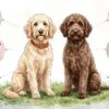 A wavy-coated cream goldendoodle and a tightly curled chocolate labradoodle sitting side by side on grass