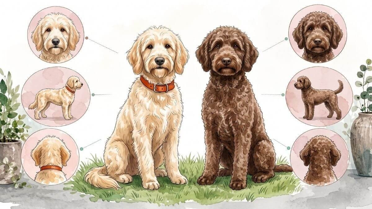 A wavy-coated cream goldendoodle and a tightly curled chocolate labradoodle sitting side by side on grass