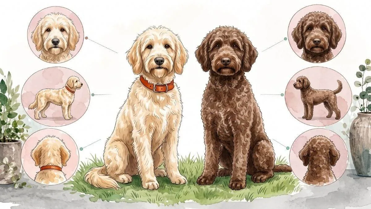 A wavy-coated cream goldendoodle and a tightly curled chocolate labradoodle sitting side by side on grass