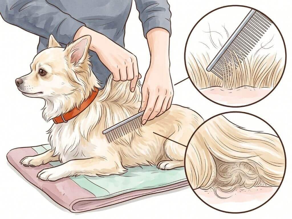 A small cream-coated dog being combed to the skin, with magnified views of a comb reaching the skin and of a mat forming during the coat change
