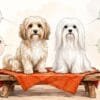 A cream and tan havanese and a white maltese sitting side by side on a low bench